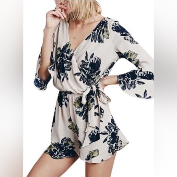 Free People Pants - Free People Floral Wrap Romper - Navy and Cream